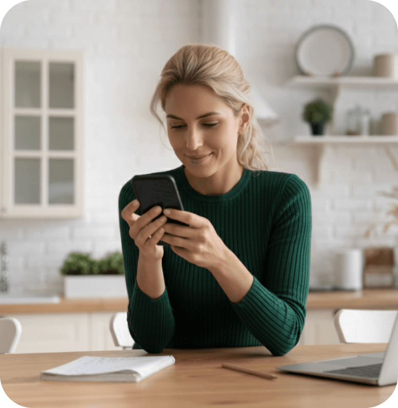 Steps to measure pupillary distance online with the free Dresden Vision Canada tool shown by a woman using a phone.