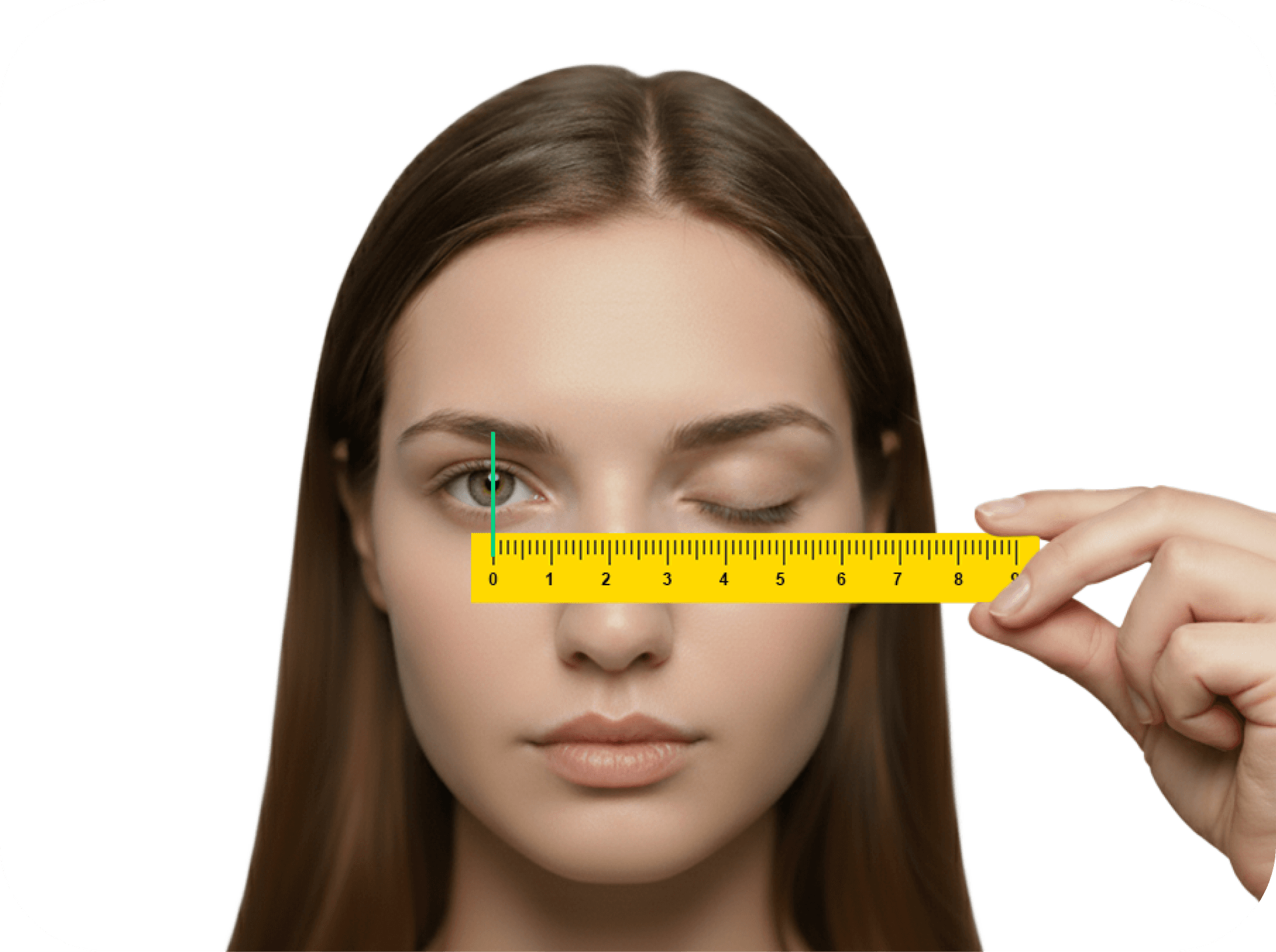 Image showing a woman closing one eye to align the ruler zero mark with her pupil for Dresden Vision Canada.