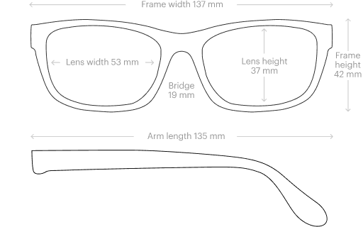 Comprehensive sizing diagram for Dresden Vision frames showing measurements and size comparison table