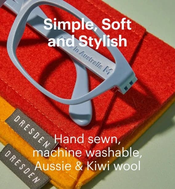 Dresden Vision handmade wool felt glasses case with frames showcasing soft, washable and stylish eyewear storage