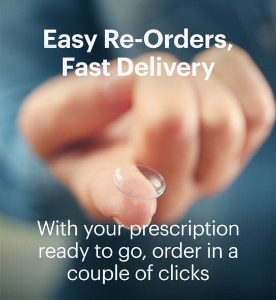 Dresden Vision contact lens on fingertip highlighting easy reorders and fast delivery with prescription