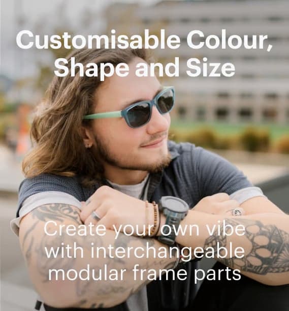 Dresden Vision sunglasses worn outdoors highlighting customisable colour, shape and interchangeable modular design