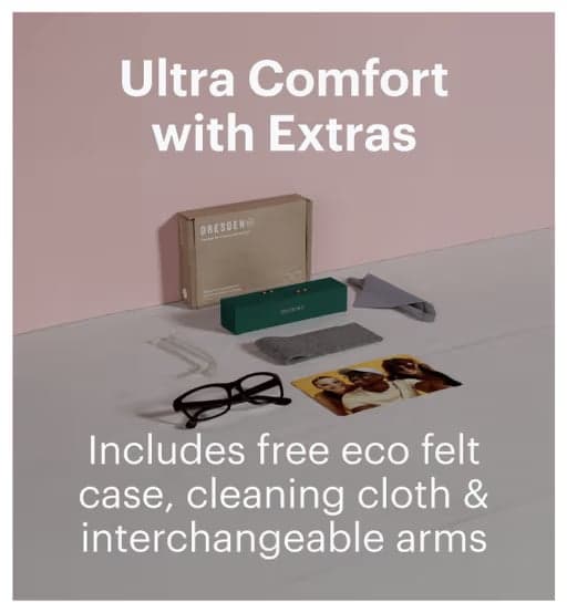 Dresden Vision New Zealand eyewear set with accessories featuring eco felt case and modular parts
