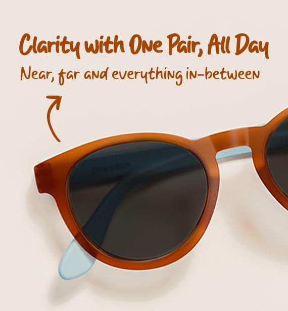 Dresden Vision Australia multifocal sunglasses frame close-up showing clear vision for near, far and intermediate distances