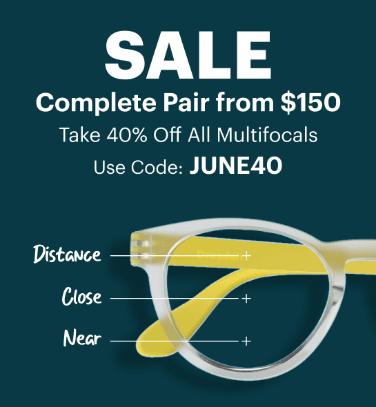 Illustration of Dresden multifocal glasses showing distance, close, and near vision zones, promoting Dresden Vision Australia multifocal eyewear.