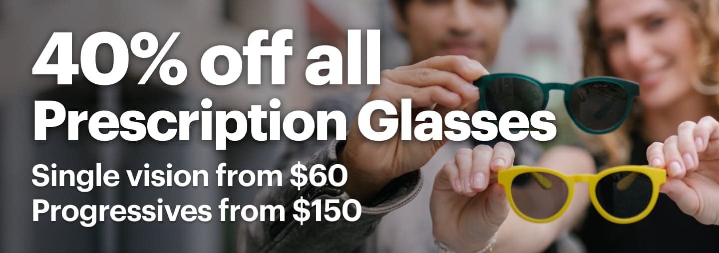 Dresden Vision New Zealand promotional banner showing two people holding colourful prescription sunglasses with text reading "40% off all Prescription Glasses", "Single vision from $60" and "Progressives from $150".