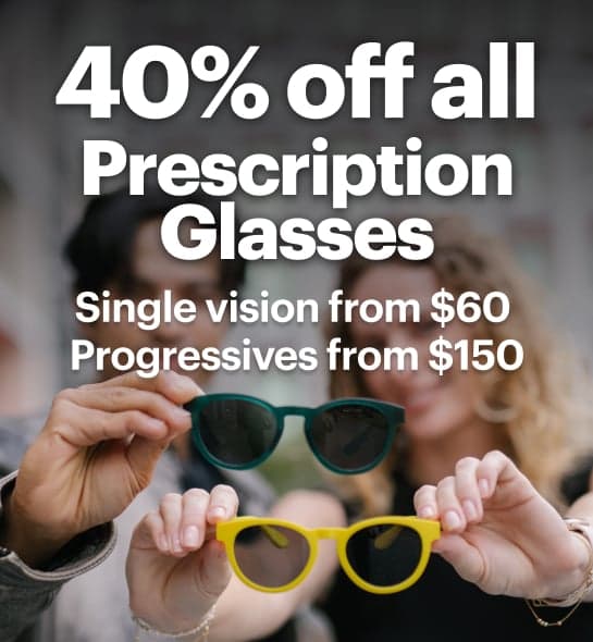 Illustration of Dresden progressive glDresden Vision New Zealand promotional banner showing two people holding colourful prescription sunglasses with text reading "40% off all Prescription Glasses", "Single vision from $60" and "Progressives from $150".asses showing distance, close, and near vision zones, promoting Dresden Vision New Zealand progressive eyewear.