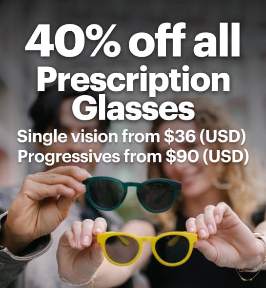 Dresden Vision International promotional banner showing two people holding colourful prescription sunglasses with text reading "40% off all Prescription Glasses", "Single vision from $36 (USD)" and "Progressives from $90 (USD)".
