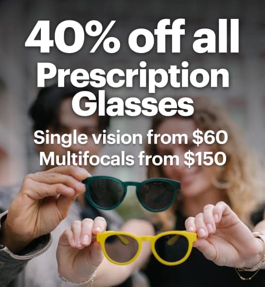 Dresden Vision Australia promotional banner showing two people holding colourful prescription sunglasses with text reading "40% off all Prescription Glasses", "Single vision from $60" and "Multifocals from $150".