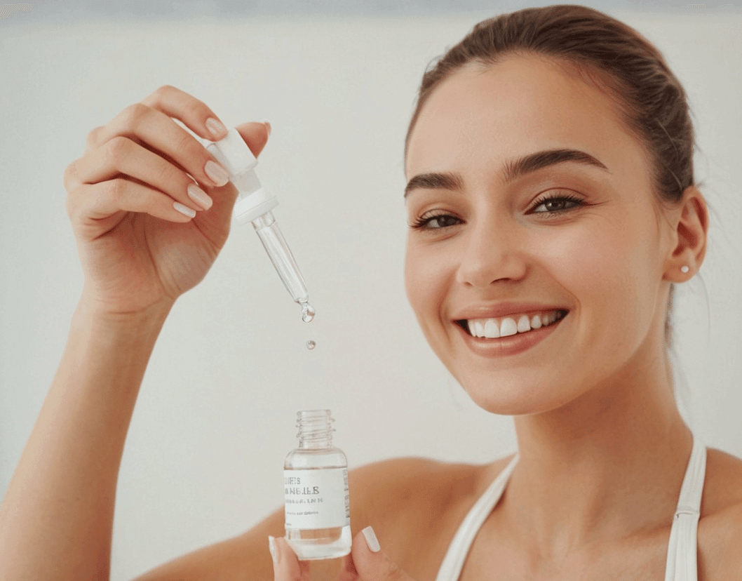 Smiling young woman demonstrating Australian eye drops, holding dropper above small bottle. She's poised to apply the product, showcasing its use against a light background.