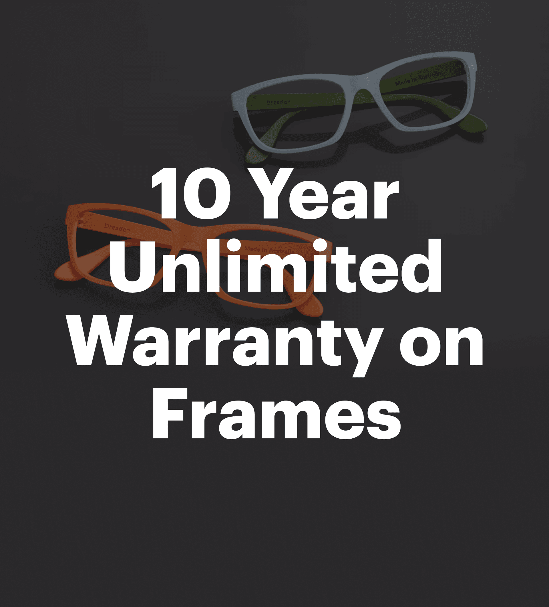 Close-up showing the unique construction and vibrant palette of two durable Dresden Vision New Zealand modular frames, symbolizing the brand's commitment to product longevity and guarantee.