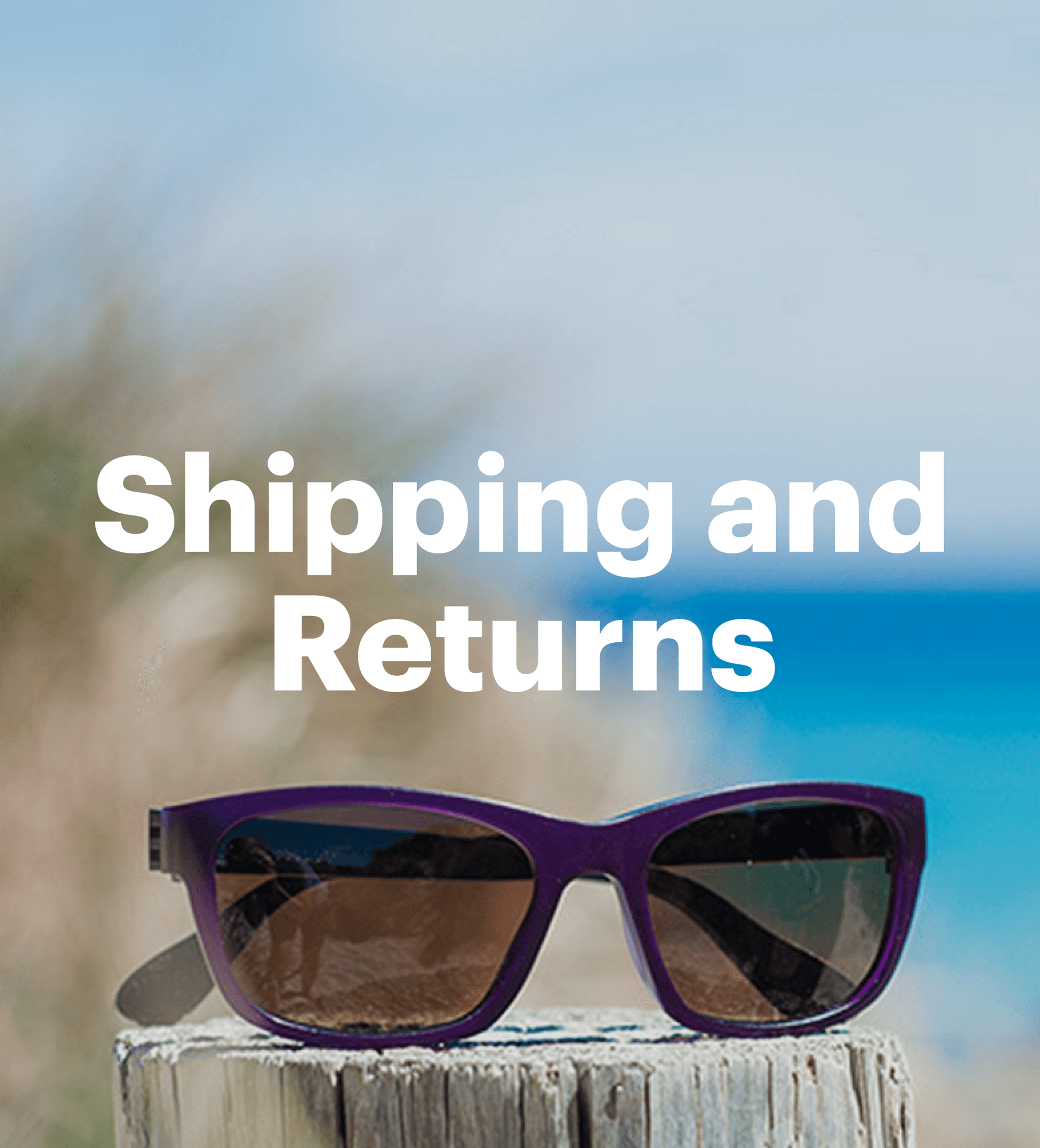 A pair of purple Dresden Vision Australia sunglasses resting on a weathered wooden post, set against a bright Australian beach backdrop, used for the shipping and returns page.