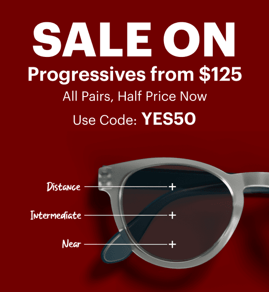 Dresden Vision promotional banner for progressive glasses starting from $125 for Canada and $75 for International. Text: All Pairs, Half Price Now. Use Code: YES50. A graphic highlights the progressive lens sections for distance, intermediate, and near vision.