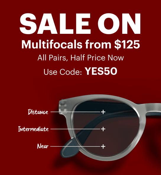 Dresden Vision Australia sale banner: Multifocals from $125. All pairs are half price now with code YES50. The image shows a pair of Dresden frames with a diagram illustrating the three zones of a multifocal lens: Distance, Intermediate, and Near.