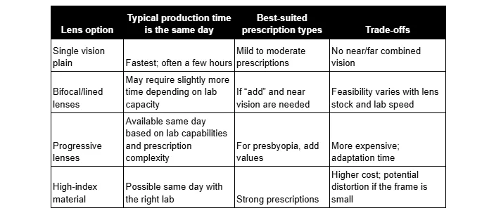 This table provides a concise overview of four lens types—Standard Single Vision, Digital Single Vision, Bifocal, and Progressive—detailing their characteristics and limitations.