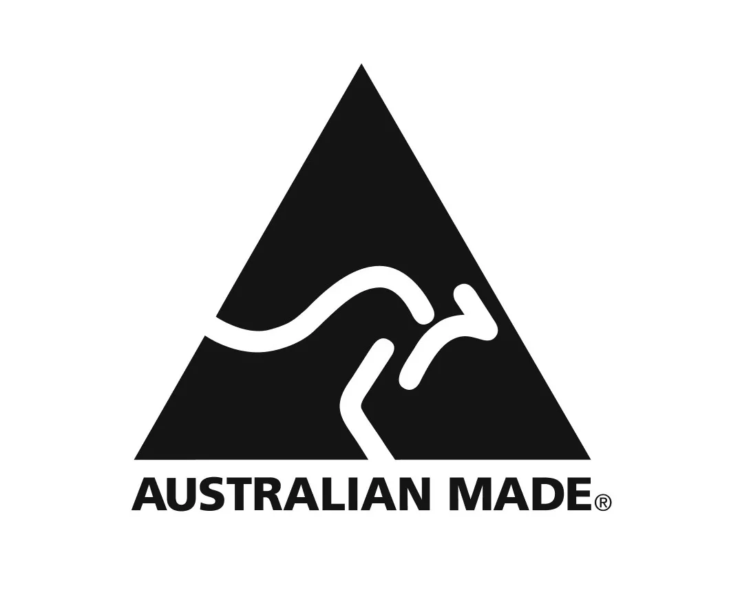 Australian Made logo featuring a stylized kangaroo inside a black triangle. Below reads 'AUSTRALIAN MADE'. Dresden Vision, an Australian eyewear company, proudly uses this logo to indicate their locally produced glasses and frames.