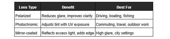 Table about sunglass lenses, listing Polarised, Photochromic, and Mirror-coated, with their main advantages and ideal situations.
