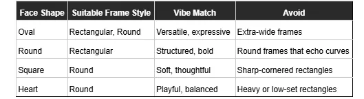 Table showing a frame fit guide based on face shape, suitable frame styles , vibe match, and frame styles to avoid.